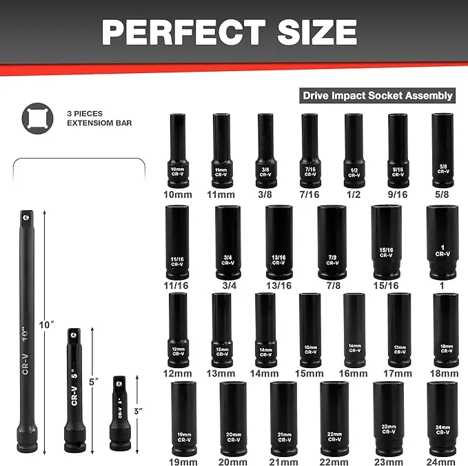 29pcs 1/2-Inch Drive Deep Impact Socket Set Cr-V Steel 10-24mm Universal Joint Adapter and Extension Bar