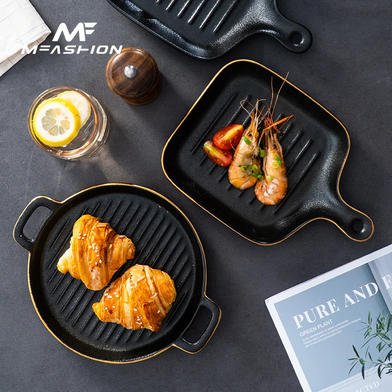 Mfashion matte binaural porcelain ceramic gold rim steak plate pasta plate baking dish baked rice with handle