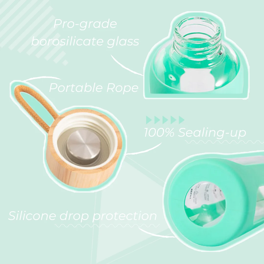 1000ML/32 OZ glass water bottle with silicone sleeve bamboo lid time marker