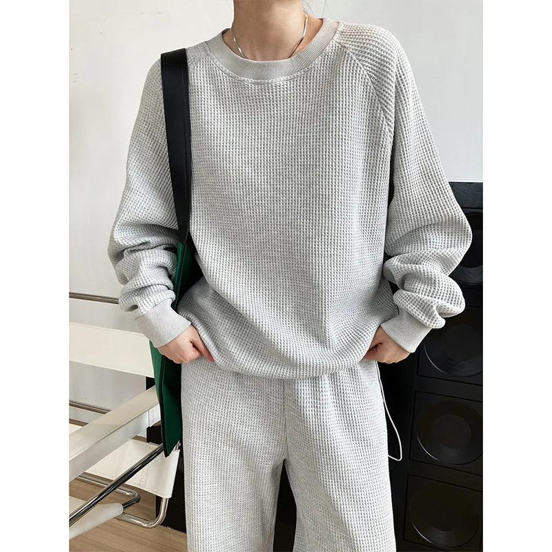 Waffle sweatshirt corset sweatshirt women two-piece autumn loose fashion high quality  casual sports suit women