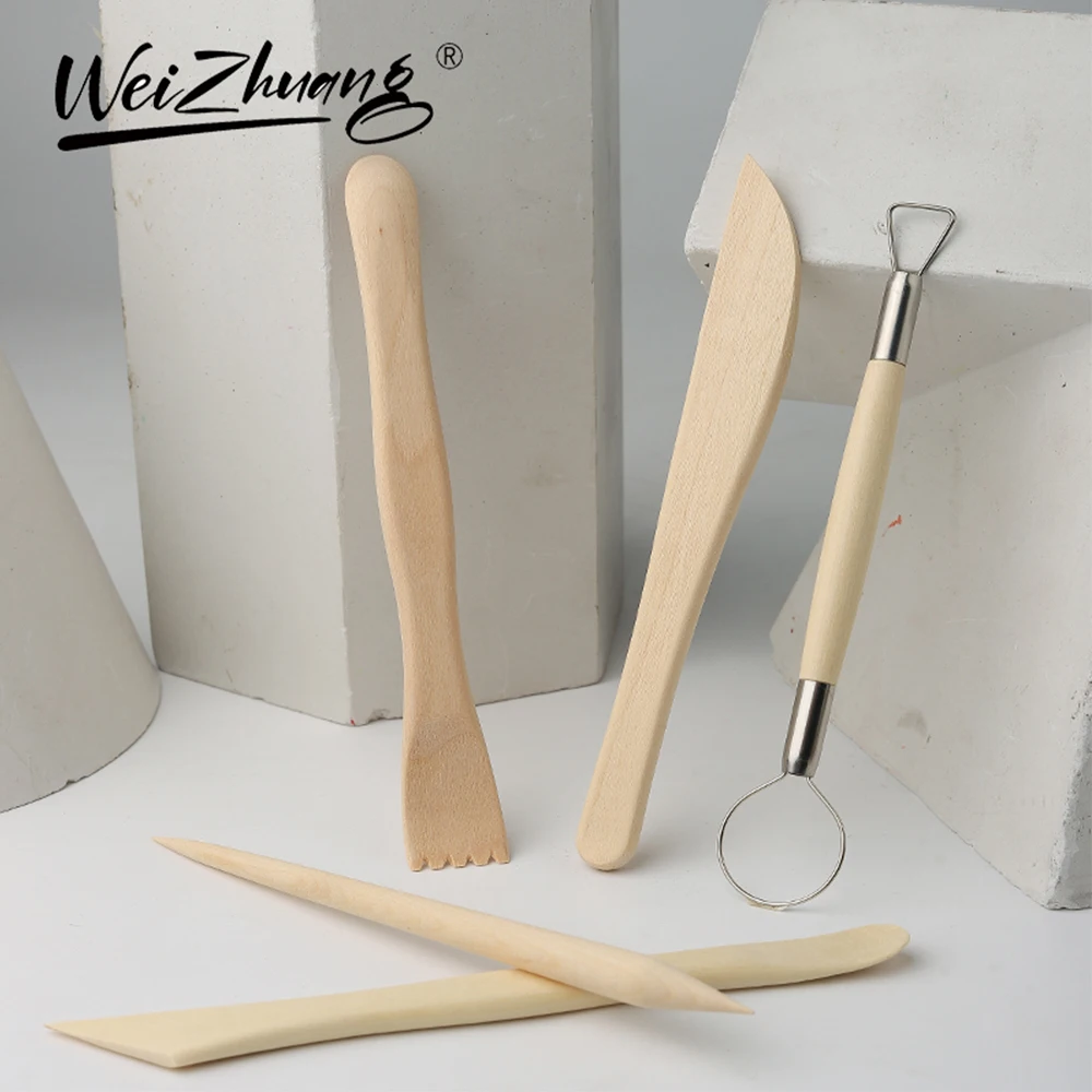A Set Of 5pcs Wooden Pottery Tool Kit Ceramic Pottery & Clay Wood Modeling Tools Kit Polymer Clay Carving Tools Accessories