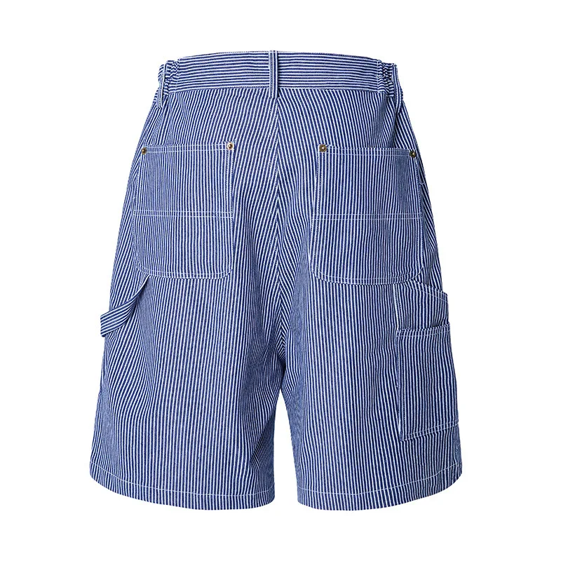 European and American high street retro striped denim shorts loose casual clicker straight Workwear Pants