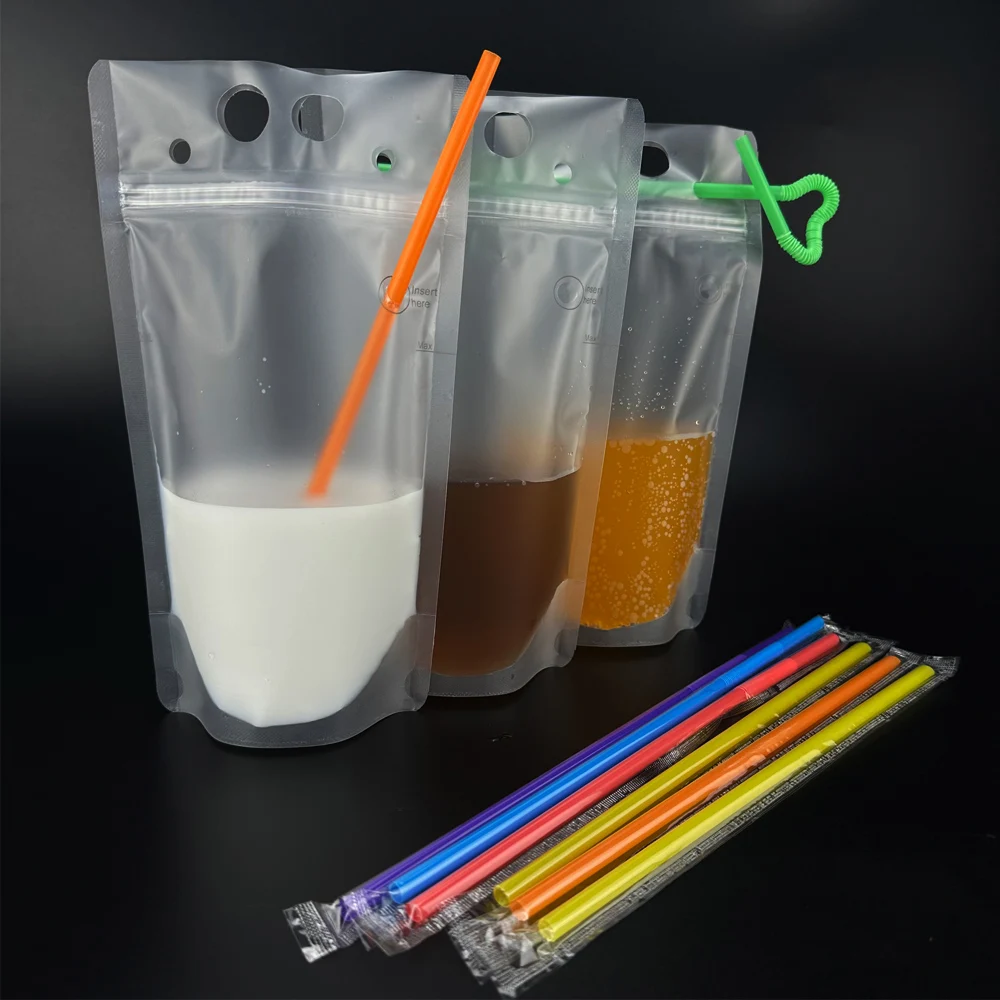 500ml matte juice packing disposable plastic ziplock standing frozen drink pouch bag with Pierceable straw hole