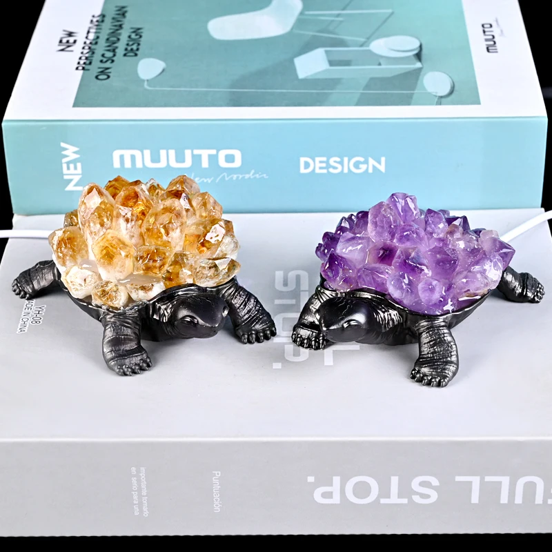 New Product High Quality crystal cluster carved healing stone  Turtle cluster lamp for ambient lighting decoration