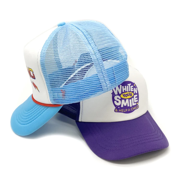 High quality Comfortable New Design 5-Panel Trucker Hats Custom  printing Logo Foam Trucker Hats blue and purple Mesh Caps