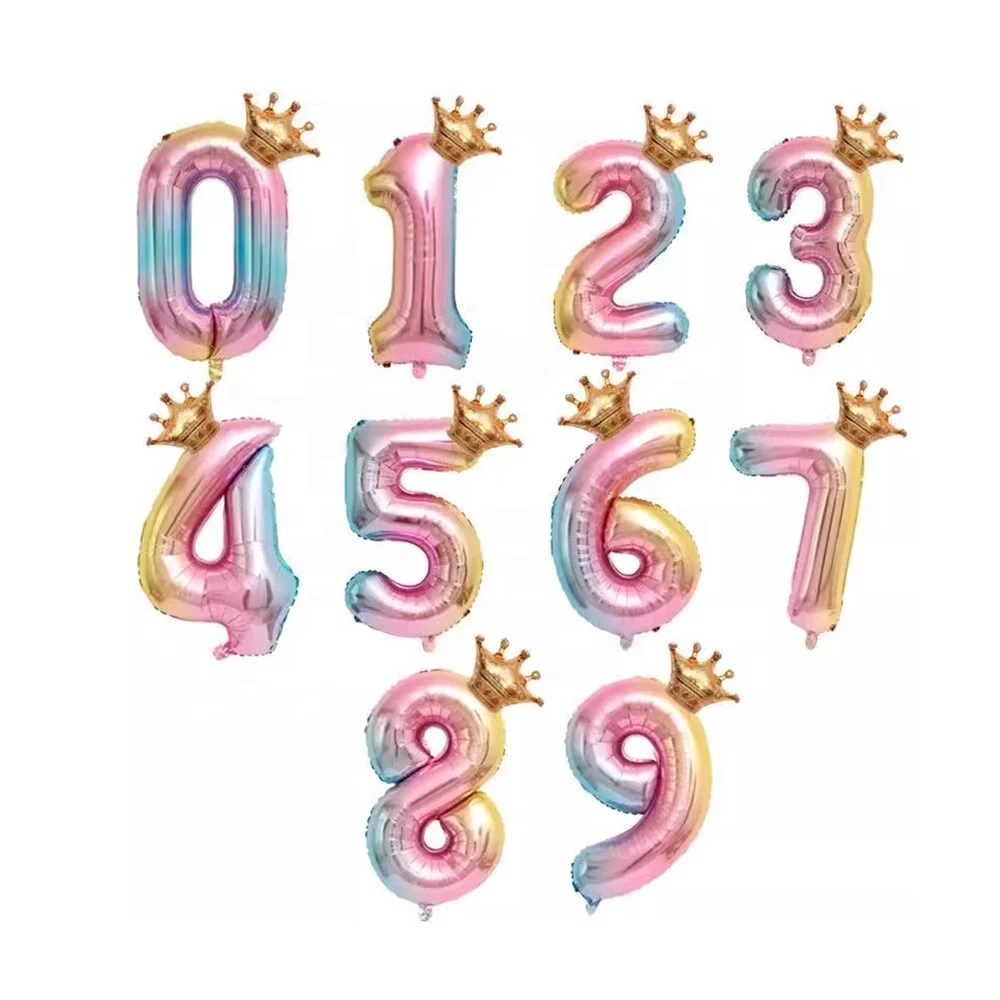Mylar Rainbow 32 inch Foil Balloons White Pink Crown Birthday Party Supplies Number Balloons with Crown for Birthday