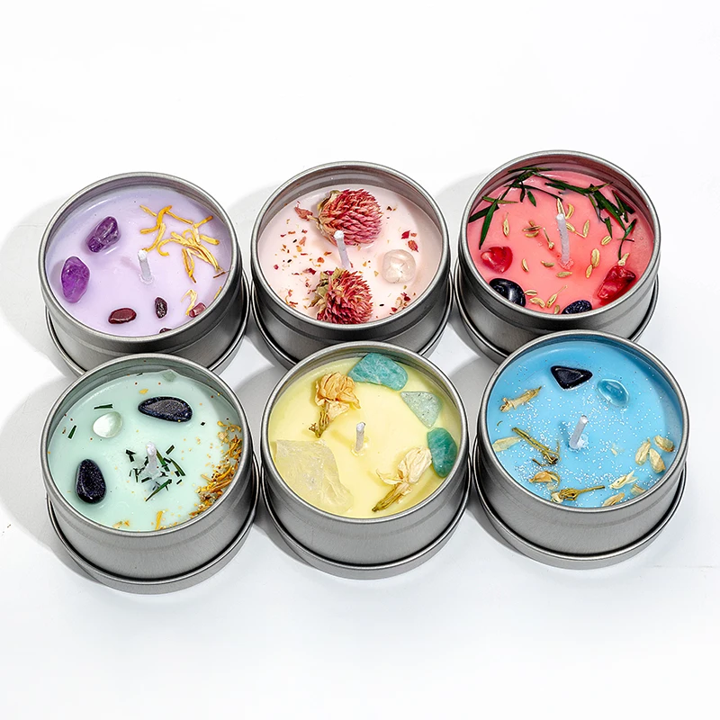 Luxury Smokeless Scented Dried Flower Crystal Candle Tin Can Soybean Wax Essential Oil Home Decorative Fragrance Crystal Candle