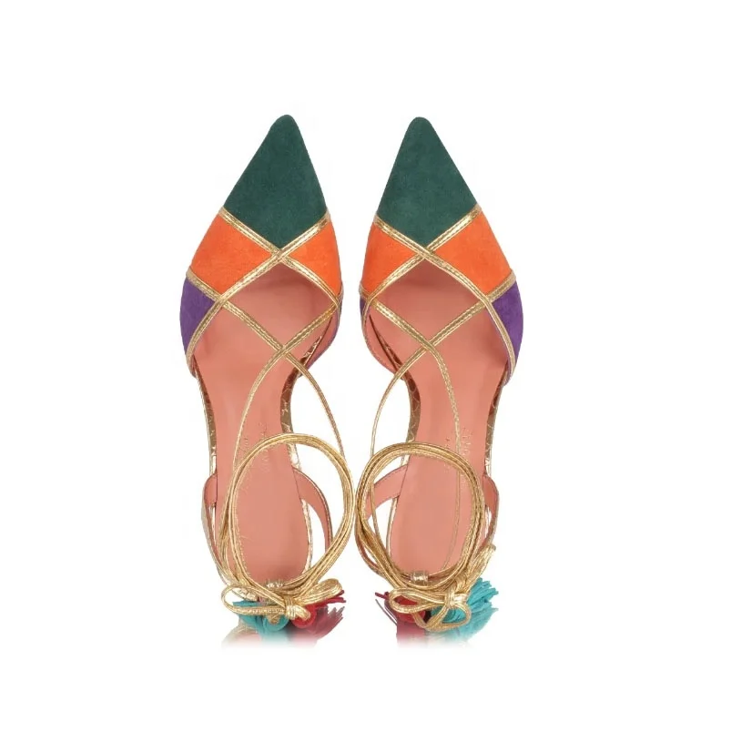 Anmairon Designer Shoes New Styles Of 2021 Metallic Pu Suede Leather Color Matching Pointed Toe Tassel Lace Up Women Dress Shoes