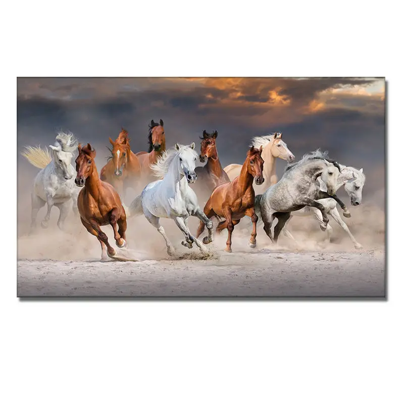 Wholesale seven running white horses animal canvas painting modern gold poster and decorative art crystal porcelain painting