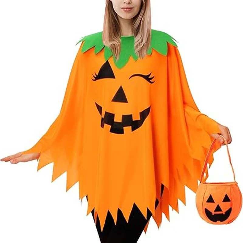 Halloween Pumpkin Poncho for Women,Pumpkin Cape Costume withTV & movie Costume BagParty Dresses Women Adults