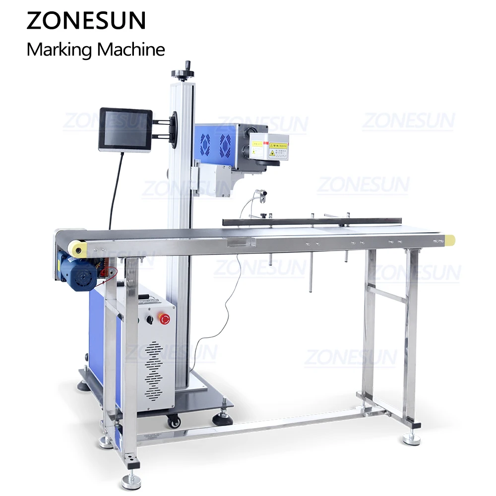 ZONESUN ZS-LMC1 автоматический древесно-пластиковый стеклянные бутылки 30 Вт онлайн CO2 Летающий Galvo Лазерная маркировка машины с конвейерной
