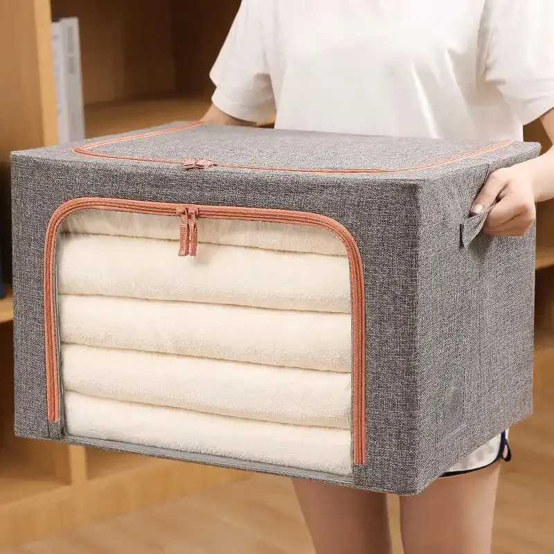 66L Custom Logo Cotton And Linen Folding Fabric Storage Boxes Large Moving Crushed Steel Frame Clothes Quilt Toy Organizer