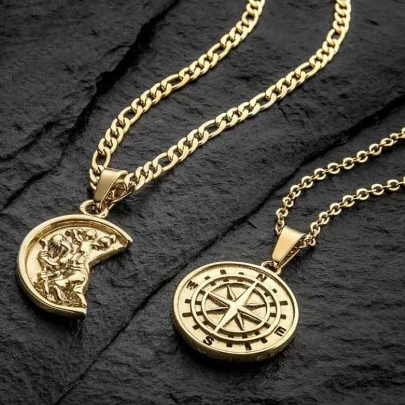 PVD Gold Plated 20mm St. Christopher Necklace Non Tarnish Stainless Steel Portrait Medal Saint Charm North Star Compass Necklace