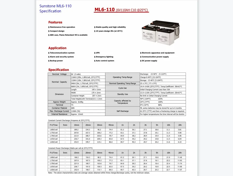 Sunstone 6V 110AH AGM Battery Deep Cycle Storage Rechargeable Maintenance Free Factory Price Solar Inverter Battery