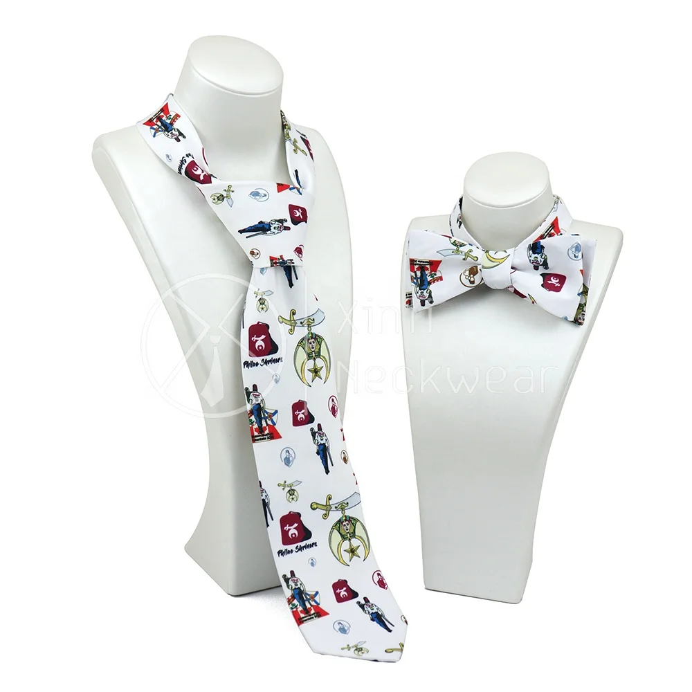 Factory Price White Masonic Shriner Cartoon Logo Pattern Digital Printed Bow Tie Custom Polyester Necktie Set for Men