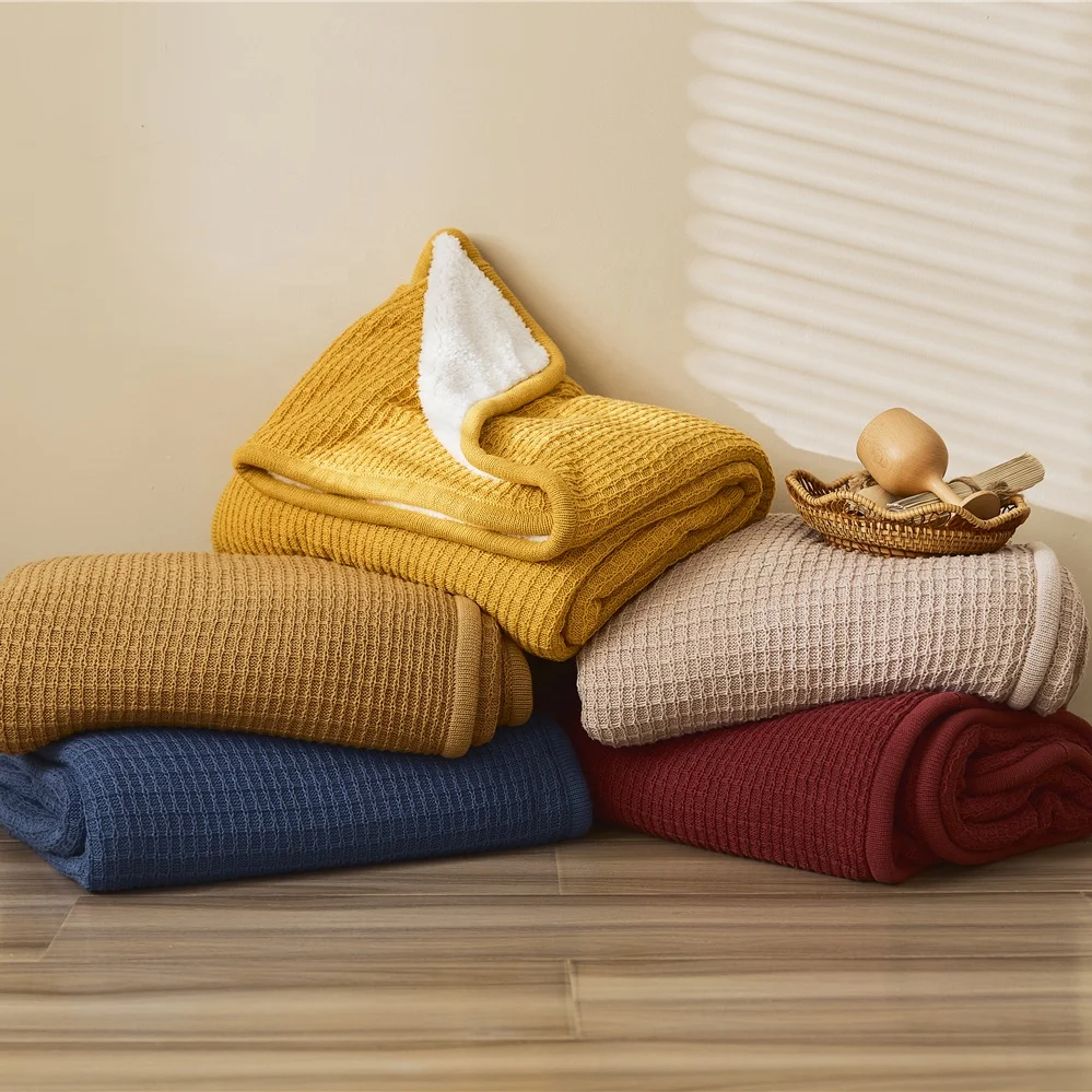 Cozy Double Ply Knitted Sherpa Waffle Throw Blanket Warmer Quilt Throw With Sherpa Lining
