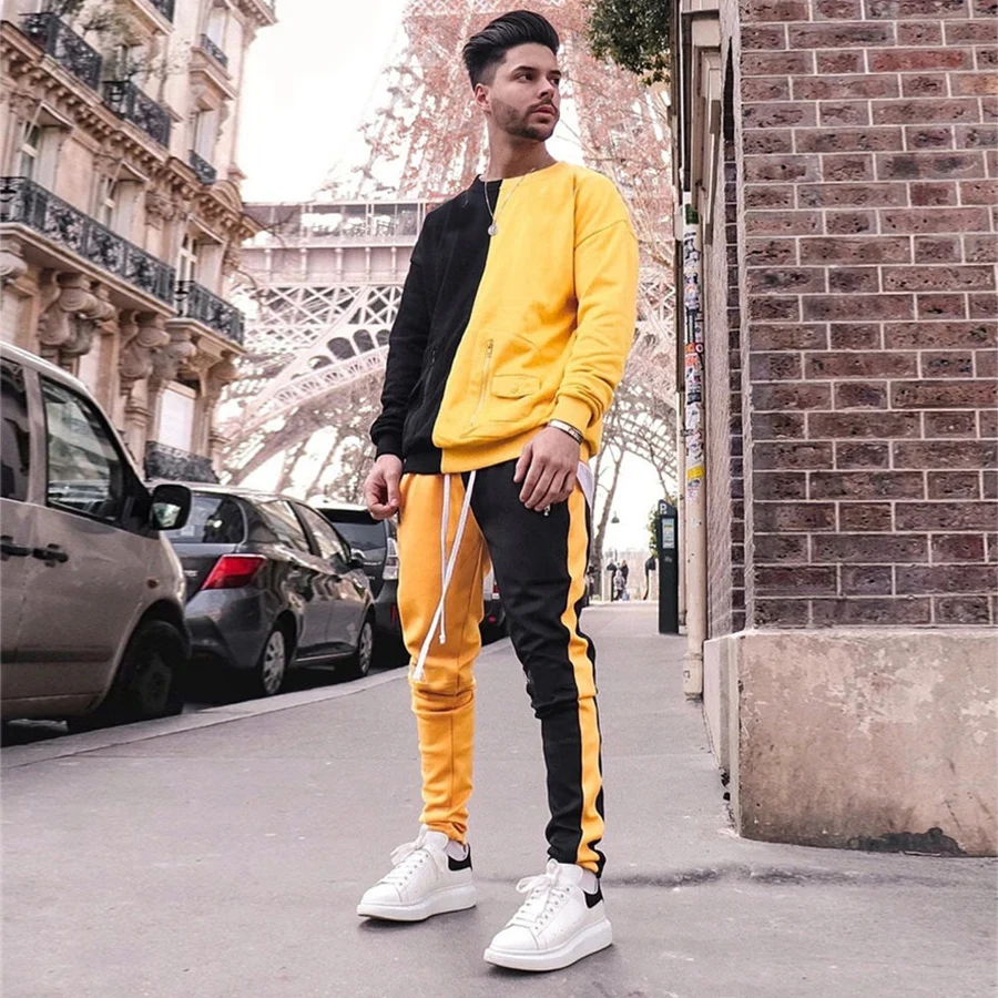 hot sale high quality men fashion streetwear color block crew neck pullover sweatsuit tracksuit tracks sweat suits