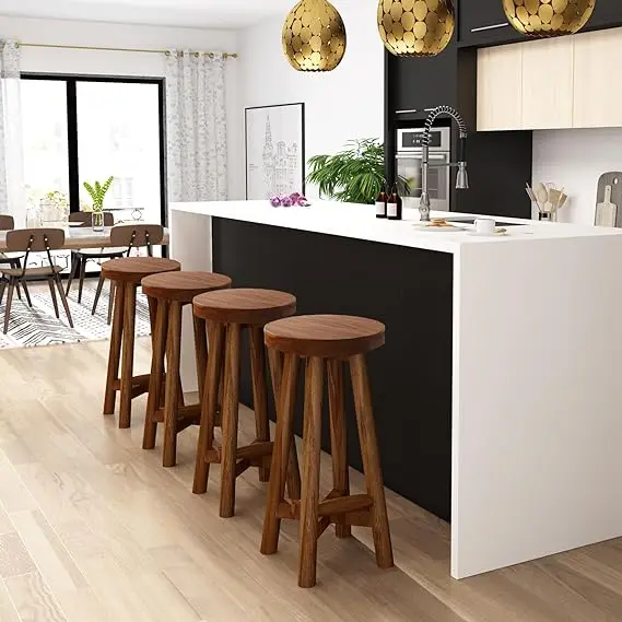 Premium Quality Factory Price Solid Teak Wood Barstool Bar Stool with Round Seat for Kitchen Island Counter