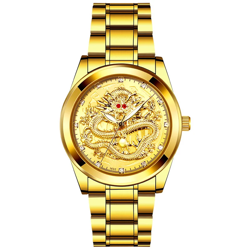 Luxury Gold Mens Watches Top Brand Fashion 3D Dragon Face Wristwatches Men Business Dress Watch Relogio Male
