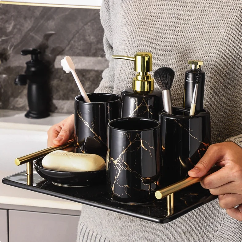 Ceramic Bathroom Accessories Seven-piece Suit Set Tooth-Brushing Cup Press Emulsion Bottle Sets/Black