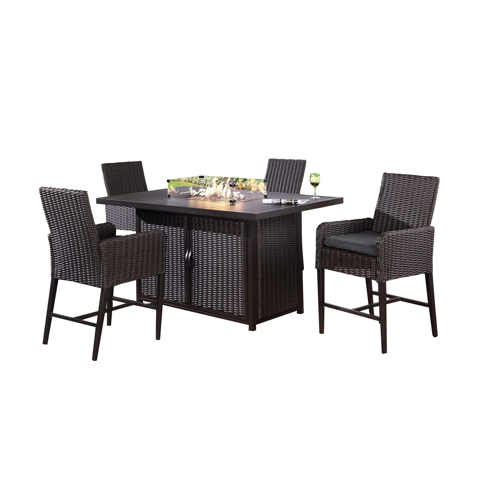 
5 Pieces Cushion Aluminum All Weather PE Rattan Wickers Patio Outdoor Garden Furniture Fire Pits Bar Table Set with ETL 