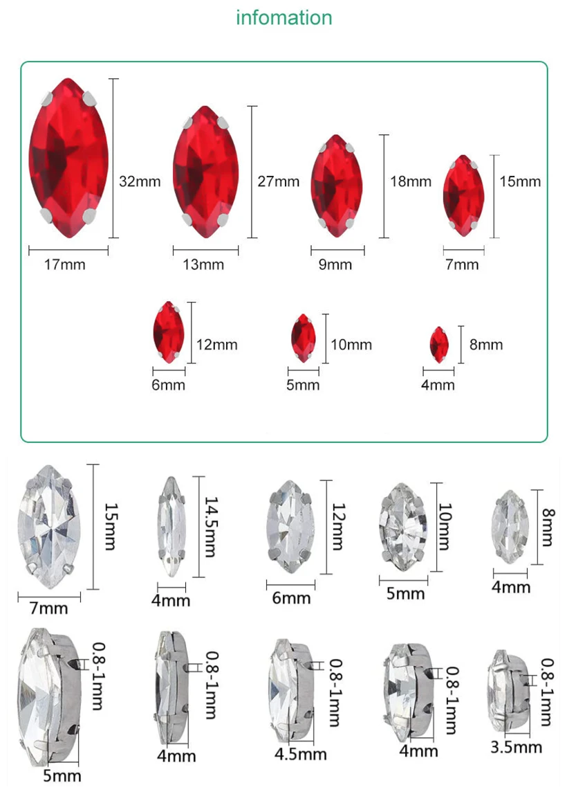 Manufacturers Shiny Crystal Sewn Rhinestone,4X15Mm 5X10Mm 7X15Mm 13X27Mm 17X32Mm 10X35Mm Horse Eye Glass Claw Diamond For Crafts