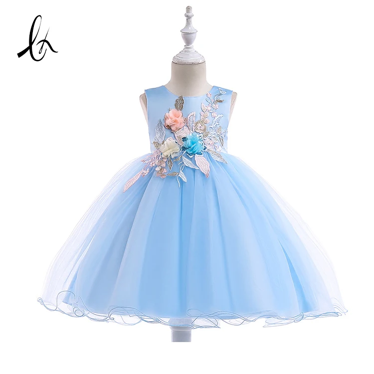 
Wholesale girls Sleeveless Party Wear Blue Formal Embroidered Fluffy Prom Wedding Flower sequin dress girl With Clasp 
