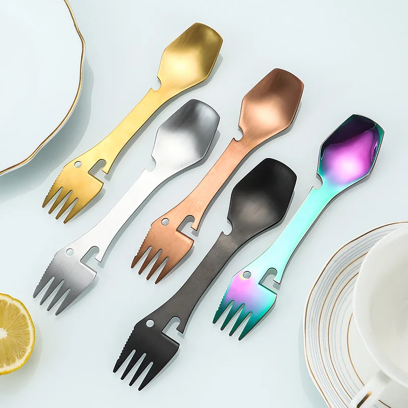 Factory Price 5 in 1 Titanium Colorful Camping Spoon And Fork Stainless Steel Cutlery Brand Spork
