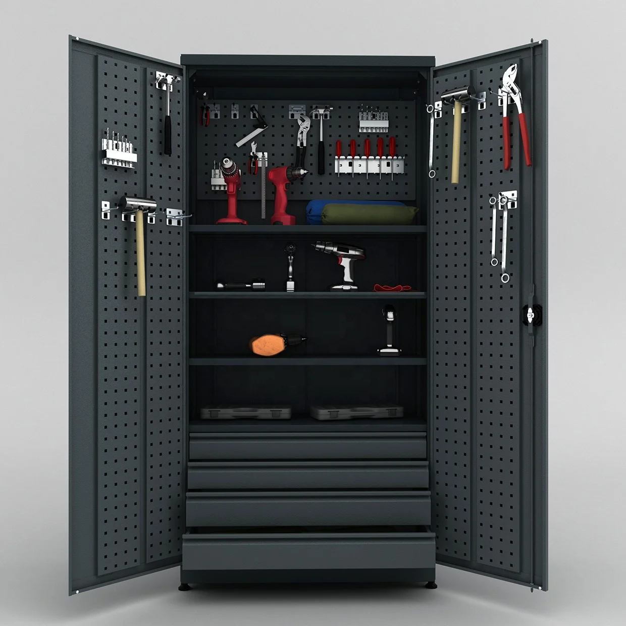 Material Cabinet New Designed High Quality Steel Workshop Heavy Duty Storage Cabinet with 4 Drawers Hinged Door Cabinets