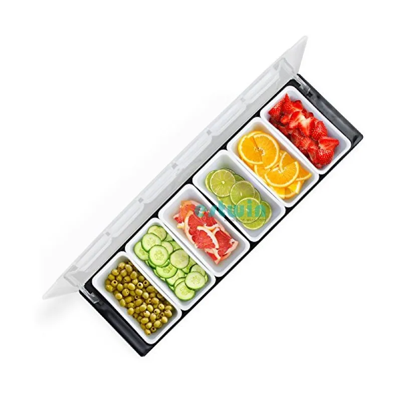 6-Compartment Plastic Garnish Stations Cocktailor Fruit Toppings Serve Chilled Condiment Bar