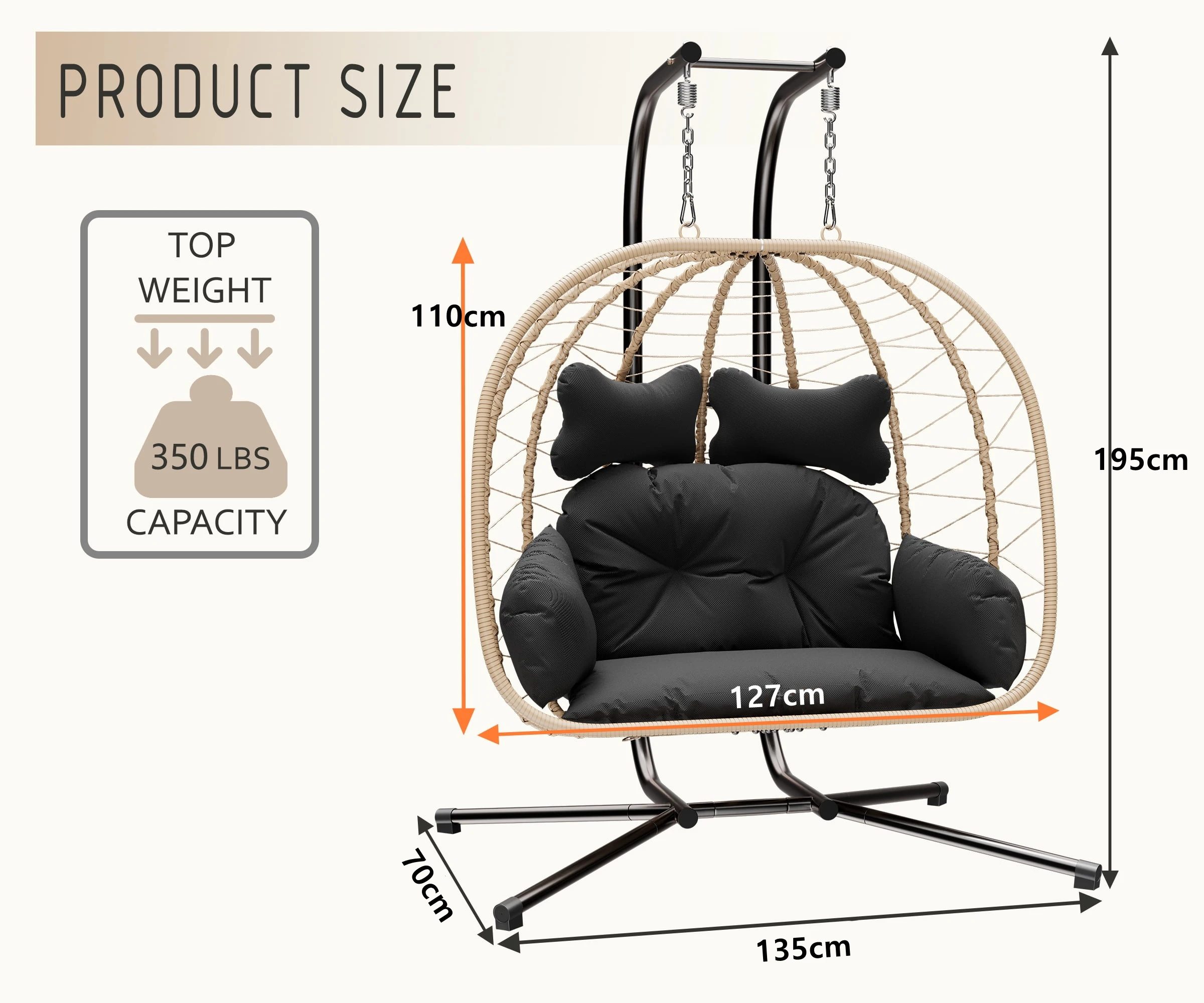 Outdoor Rattan Double Egg Chair with Stand Hammock Cushion Foldable Patio Wicker Hanging Loveseat Garden Wicker Swing Chairs