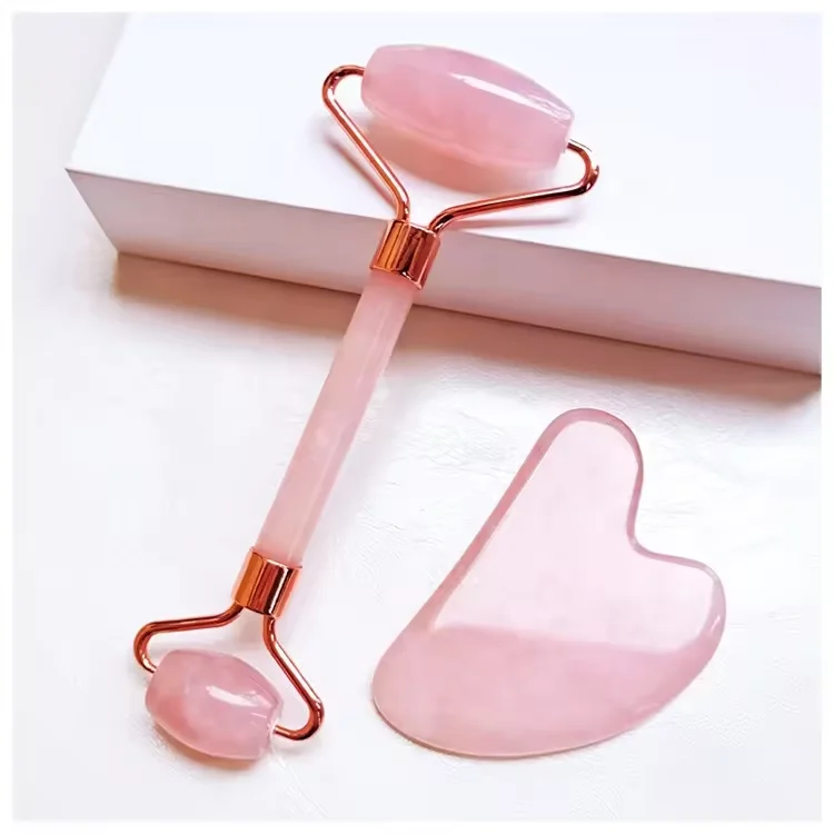 High Quality Pink Jade Roller Face Massage Roller Jade Guasha Stone Hot Selling Jade Roller Guasha Set
