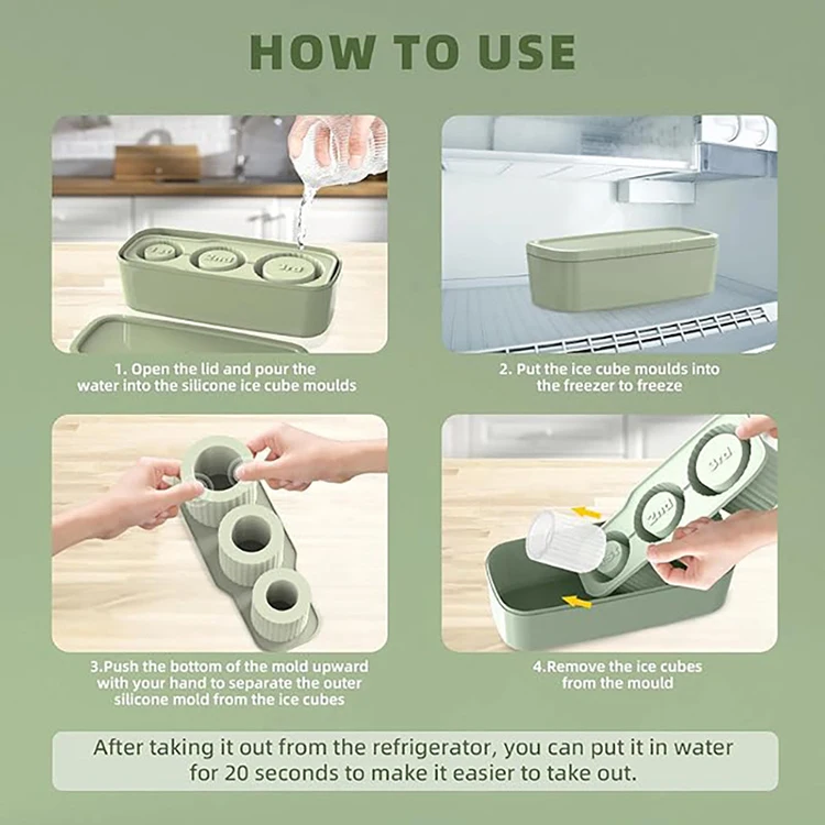 Easy Release Hollow Cylinder Ice Cube Tray for Tumbler Cup Reusable 3 Cavity Silicone Cylinder Ice Mold with Lid for Freezer