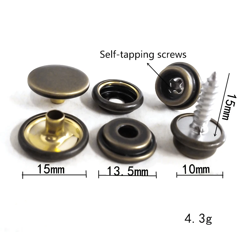 201#15 mm Snap-Fastener Buckle Nickel-Free Lead-free Metal Decorative Screw Ring Snap Stud Fasteners Leather Rivets