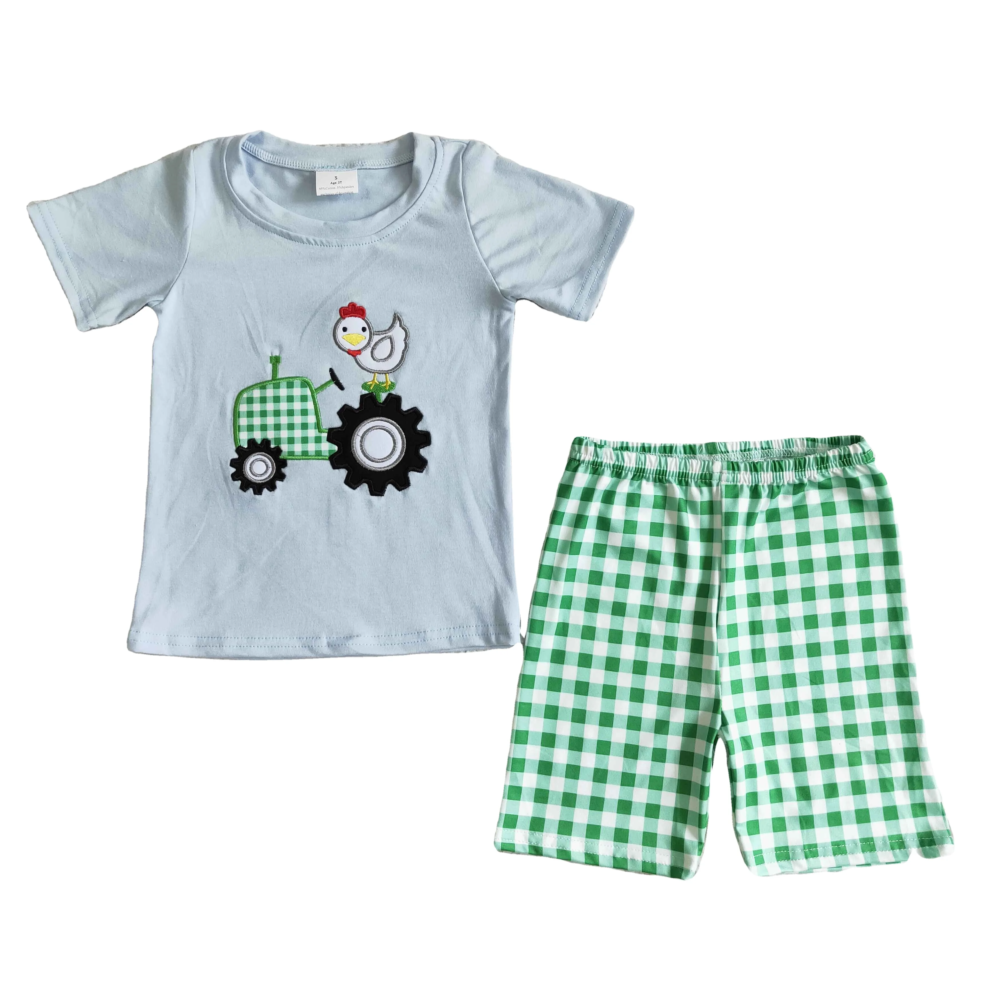 Farm Life Cute Chicken Tractor Applique Top Plaid Shorts Sets Wholesale Summer Kids Outfits Baby Boys Clothes