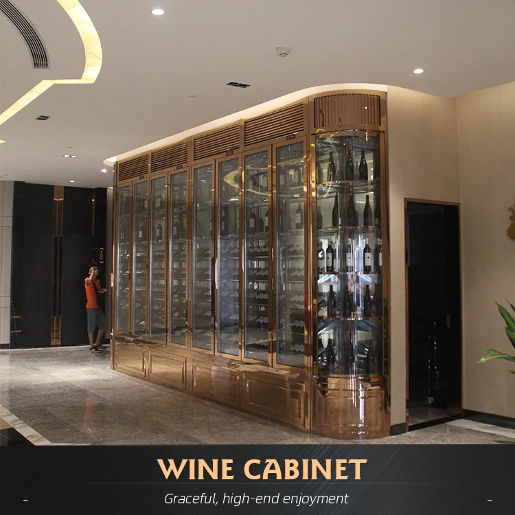 Gold Luxury Custom Liquor Alcohol Storage Wall Large Thermostatic Wine Cabinet for Hotel Home Wine Cellar