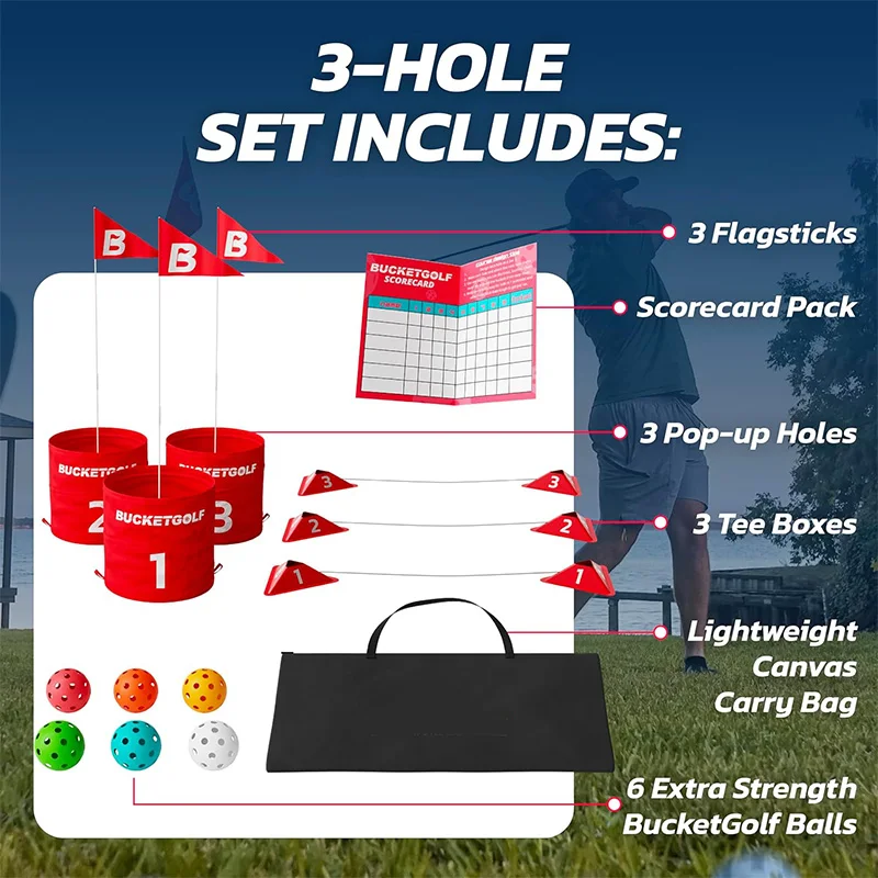 Portable 3 Hole Golf Course Play Bucket Golf Game for Family Outdoor Lawn Yard Park The Ultimate Backyard Golf Game Set