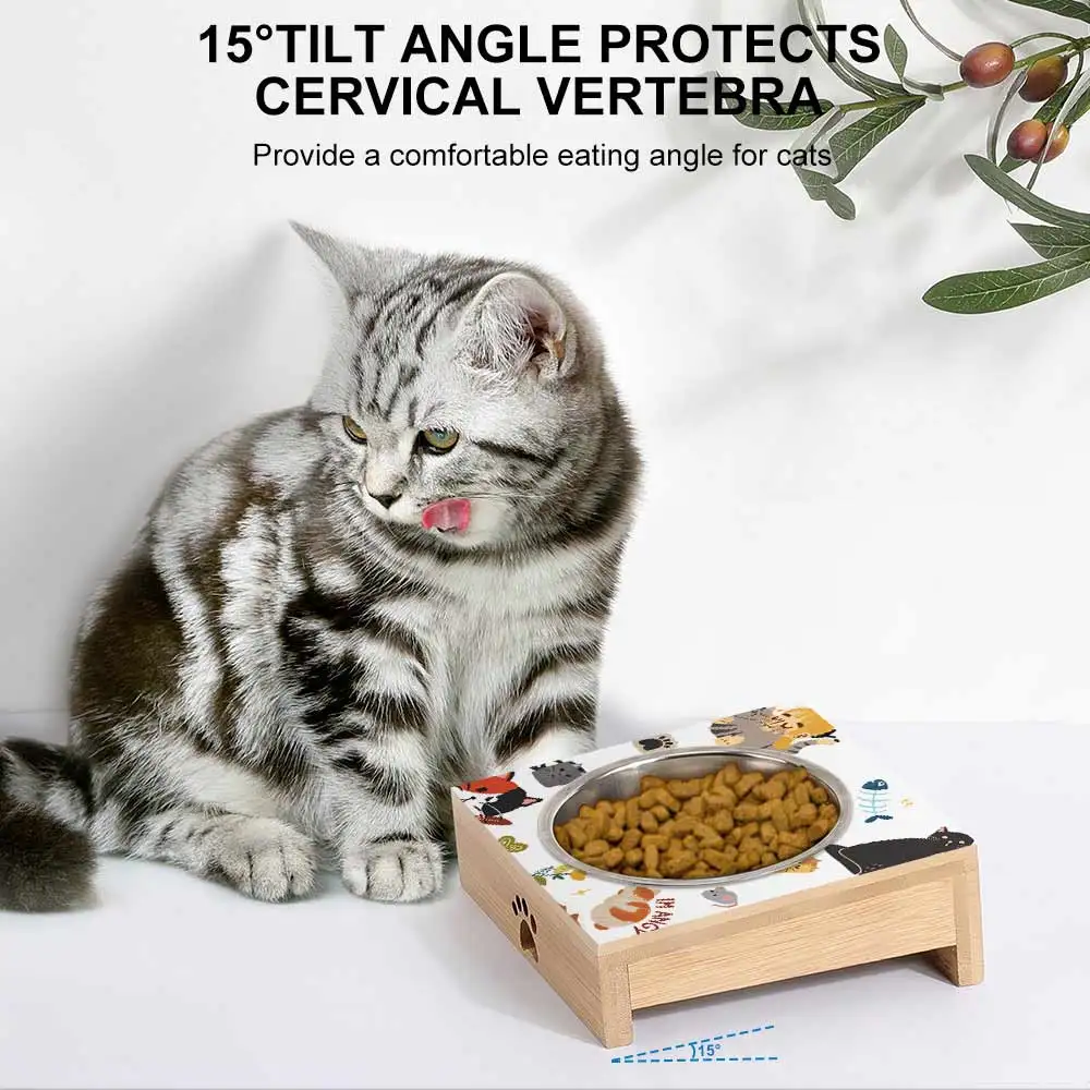 Custom Low MOQ Quadrate Bamboo Stand Stainless Steel Round Elevated Cat Dog Food Bowl Slanted Water Container
