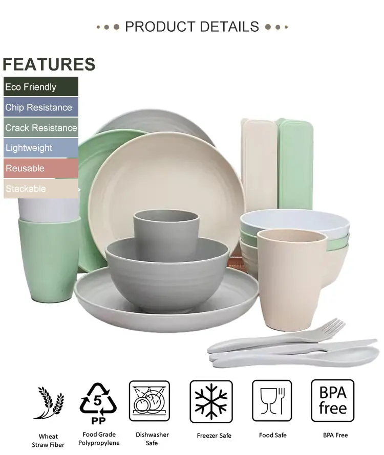 Plates and Bowls Spoon Fork Knife Set Wheat Straw Plastic Dinnerware Tableware Set