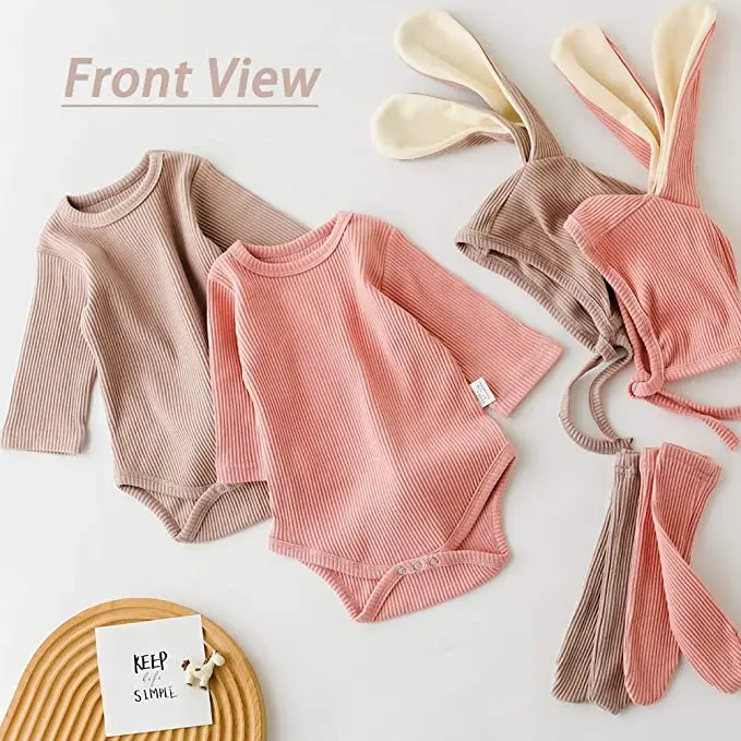 Easter Day Newborn Solid Knit Romper Socks Rabbit Hat 3 Piece One-Piece Suit Long Bunny Ear Ribbed Bodysuit