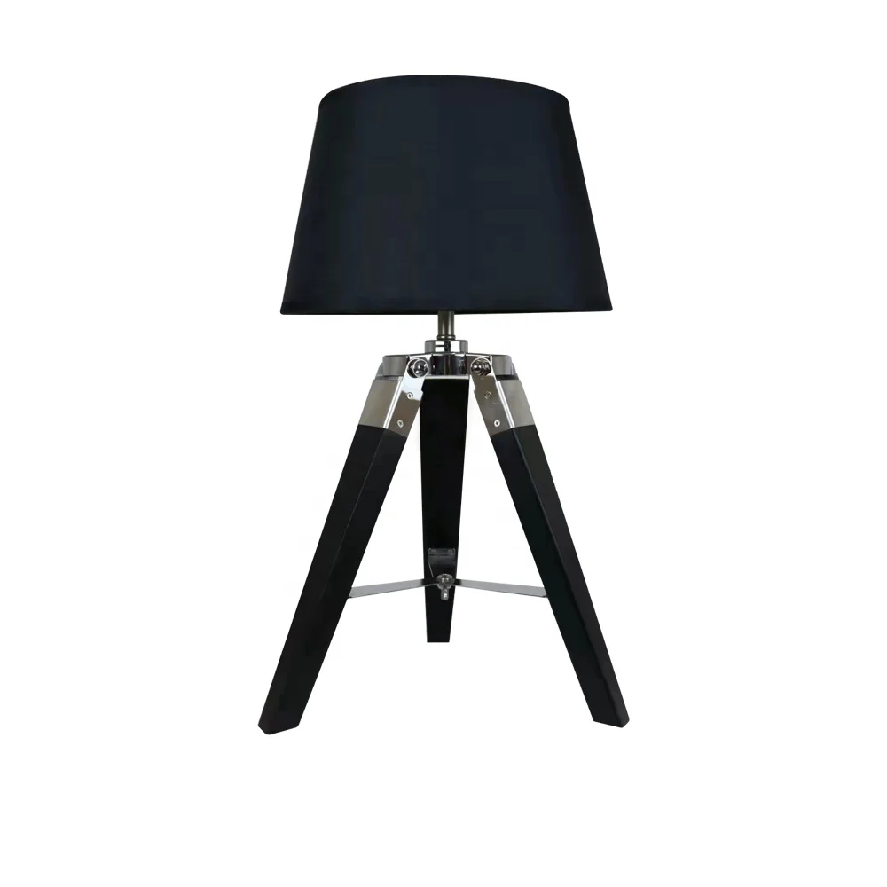 Small Nightstand Table Lamp with Wood Tripod Base in Black