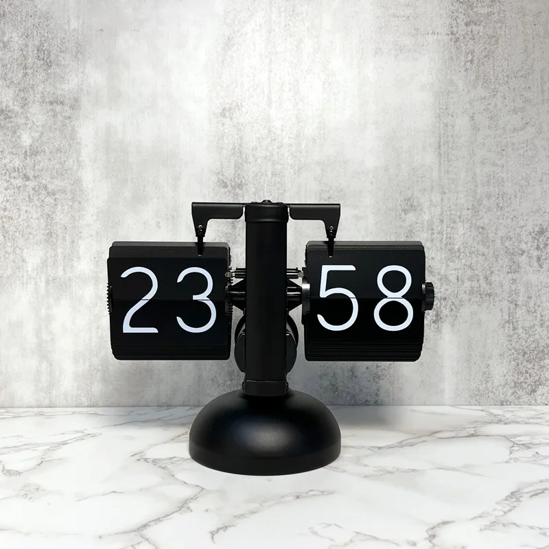 Small Scale Retro Flip over Quartz Clock Stainless Steel Internal Gear Operated Black/White Analog-Digital Table Clock