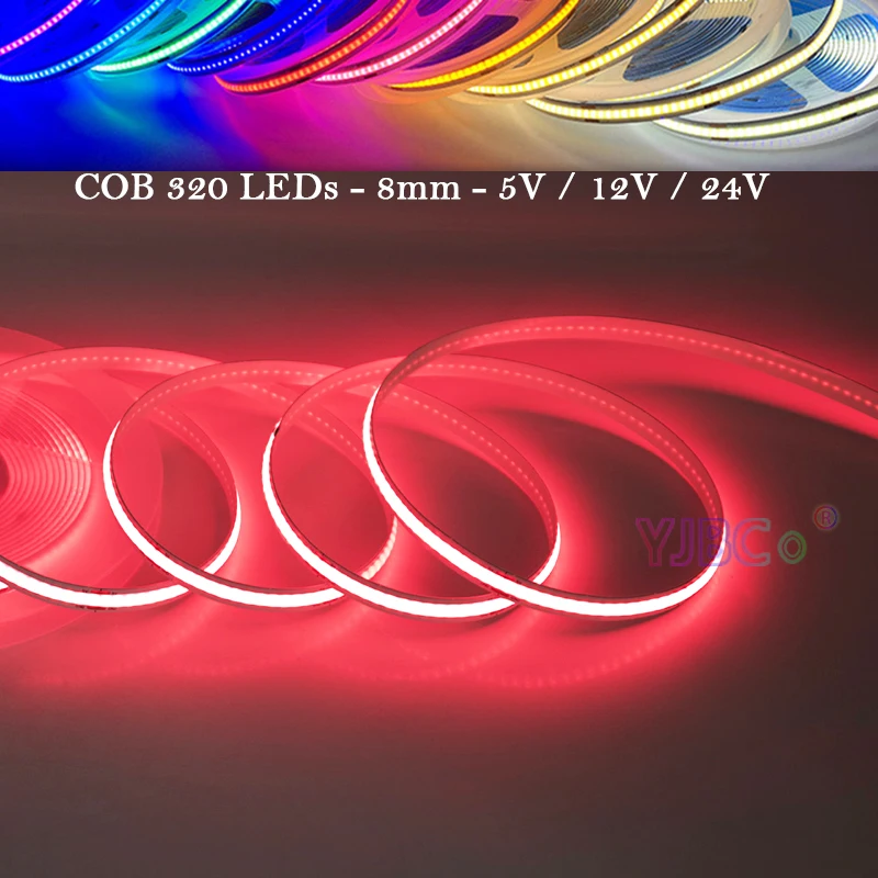 single color COB LED Strip 320LEDs 5V 12V 24V White/Warm white/Natural White/Blue/Red/Green FCOB Flexible Lights Tape 8mm