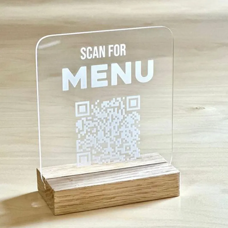 Заводская цена, прозрачная акриловая настольная верхняя часть, QR-код, знак стола, держатель с деревянной основой
