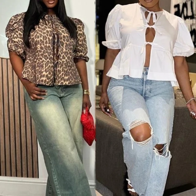 GX3835 Fashion 2024 summer O-neck tops printed street wear short sleeve cardigan lace-up blouse women casual unique T-shirt