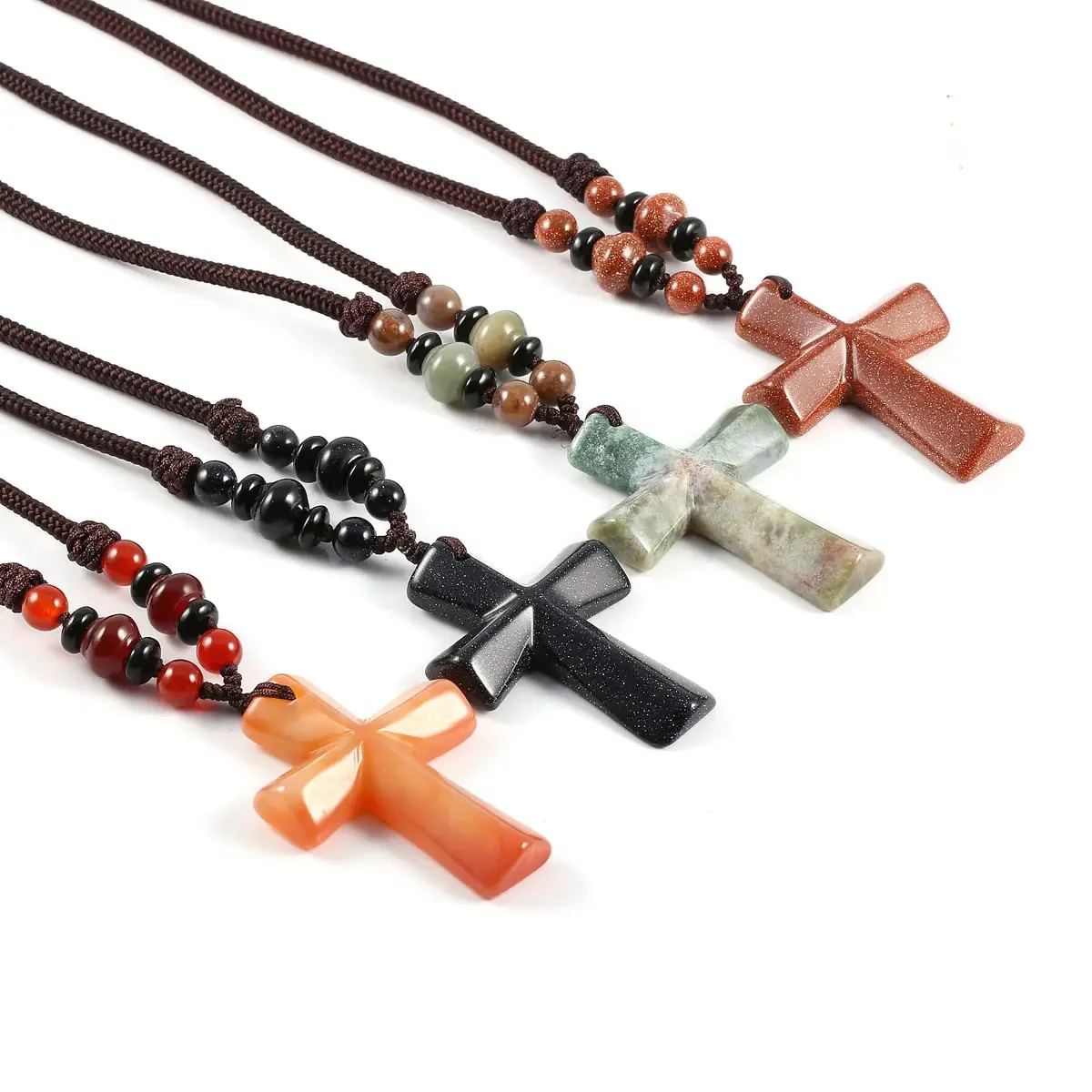 Handmade Cord String Catholic Religion Prayer Gift Natual Stone Jade Tiger Eye Cross Pendant Necklaces