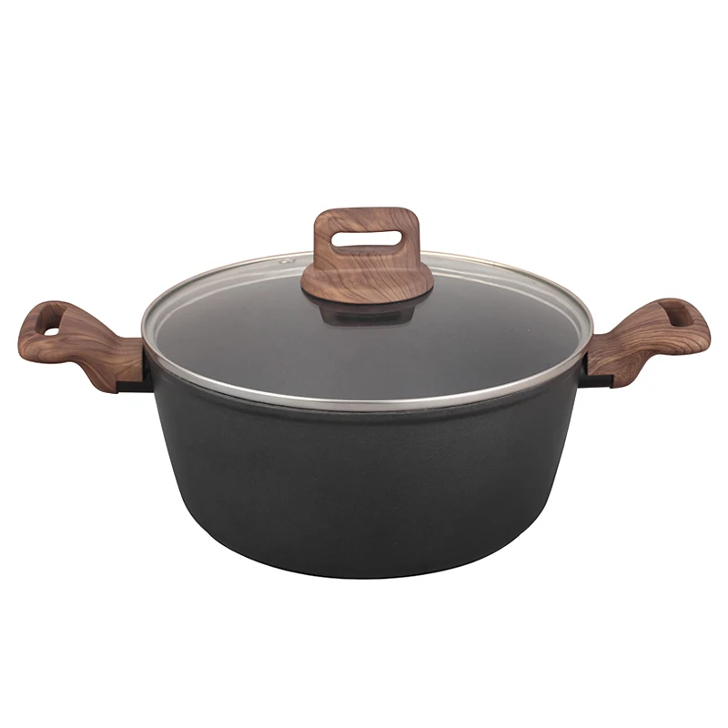 Wooden Handle Design Stone Marble Coating Good Quality Nonstick Coating Aluminum Cookware Round Pizza Grill Pan