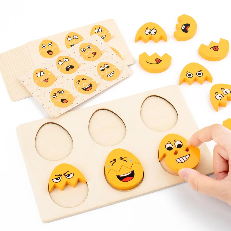 KS Montessori Early Learning Educational Wooden Yellow Facial Expression Matching Eggs 3D puzzle Board game