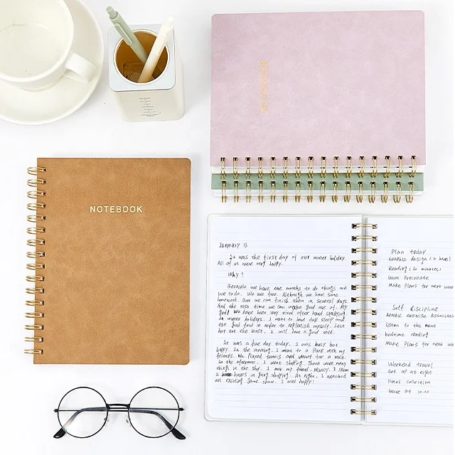 Factory Custom Logo Printed Soft Cover Pu Leather Spiral Notebook Stationery Supplies A5 Twin Ring Journal