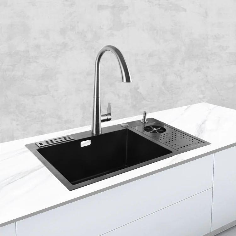 Ferreteria Manufacture Ss304 Black Nano Kitchen Sinks With Sink Rotating Cup Washer And Kichen Sink Faucet /Fregadero Negro